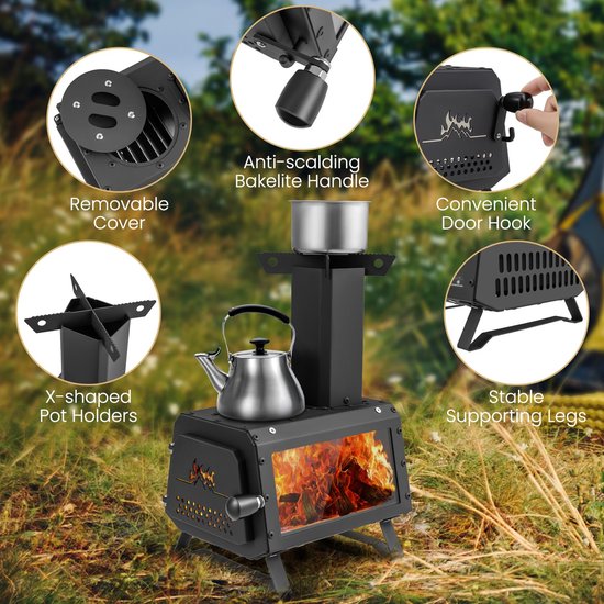 SnelShoppen - Draagbare Houtkachel Raketoven Outdoor met 2 Kookvlakken, Kijkvenster, Aspan - Tentoven, Campingoven voor Tuin en Camping, Zwart — afbeelding 5