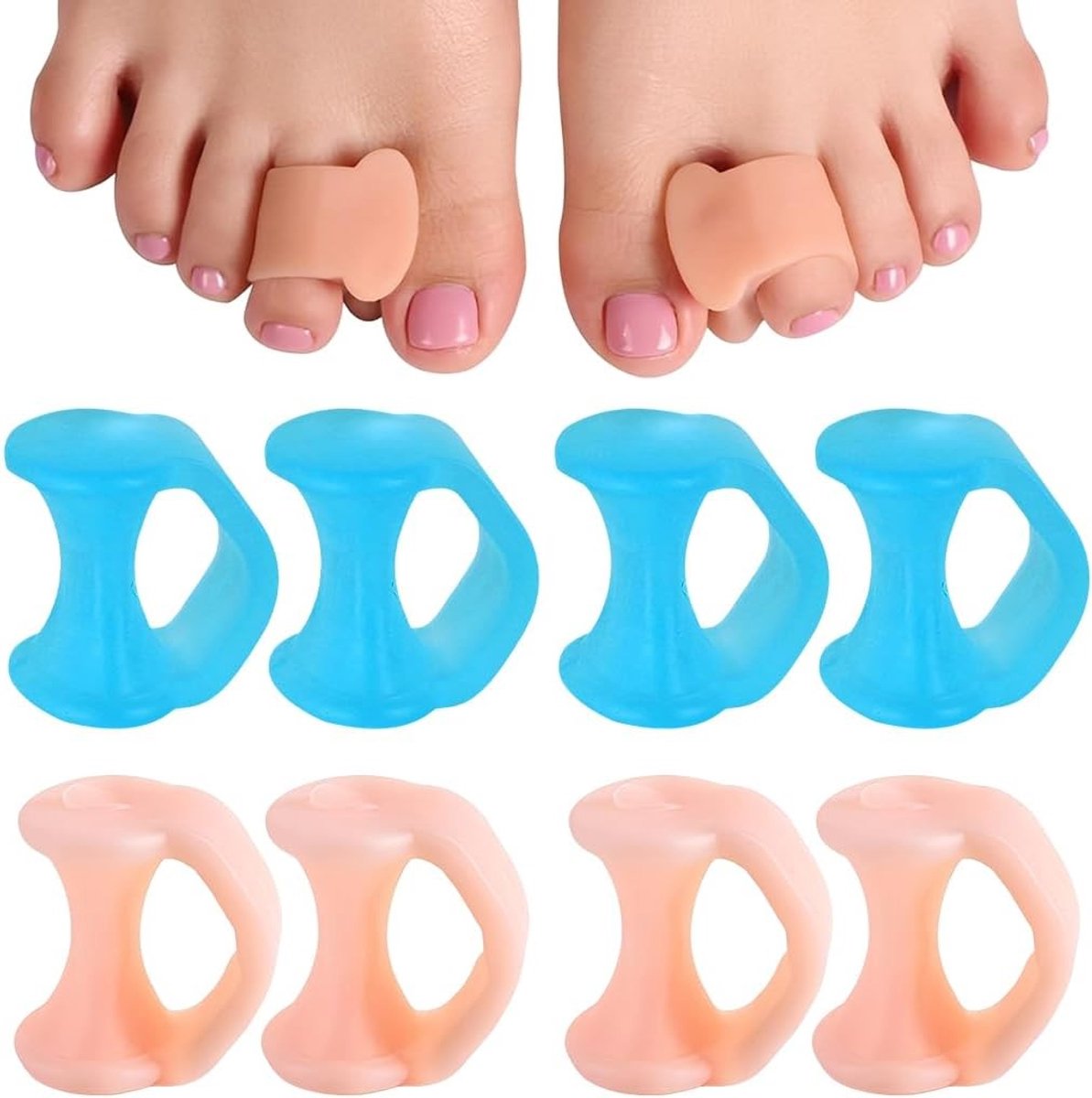 4 Pairs Silicone Toe Spreaders - Voorkom Wrijving en Verminder Druk voor Kleine Tenen, Geschikt voor Licht Huidtype en Blauw, Standaardmaat