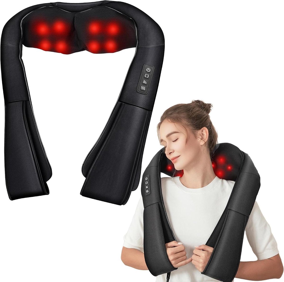 Nekmassager Met Warmte - Schouderkussen Massage - Spierpijn Verlichten - 3 Intensiteitsniveaus - 38 x 15 x 10 cm - Zwart