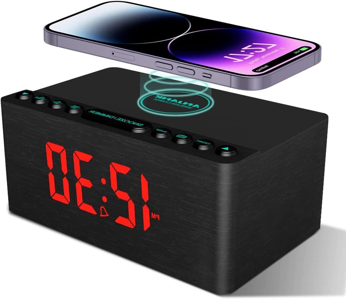 Digitale Wekker - Klokradio Houtnerf - Wakker Worden - Draadloos Laden - 1.2 Inch Cijfers - Wit