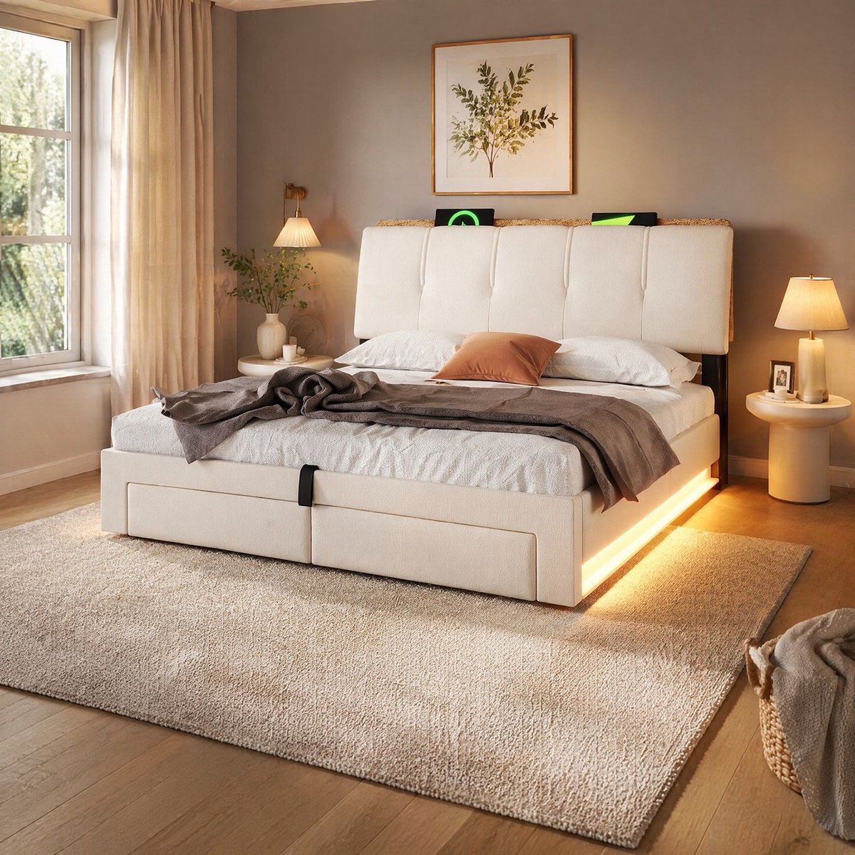 DESMIU Gestoffeerd Bed 140x200 cm – Hydraulisch Opbergbed Met USB En Type C – LED-Verlichting En Opbergruimte – Tweepersoons – Stof – Beige – Zonder Matras