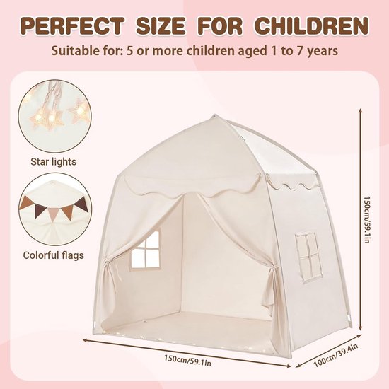 Opvouwbare tipi koepeltent, speelhuis voor kinderen, ideaal voor binnen en buiten, 150 x 100 x 150 cm, crème kleur — afbeelding 2
