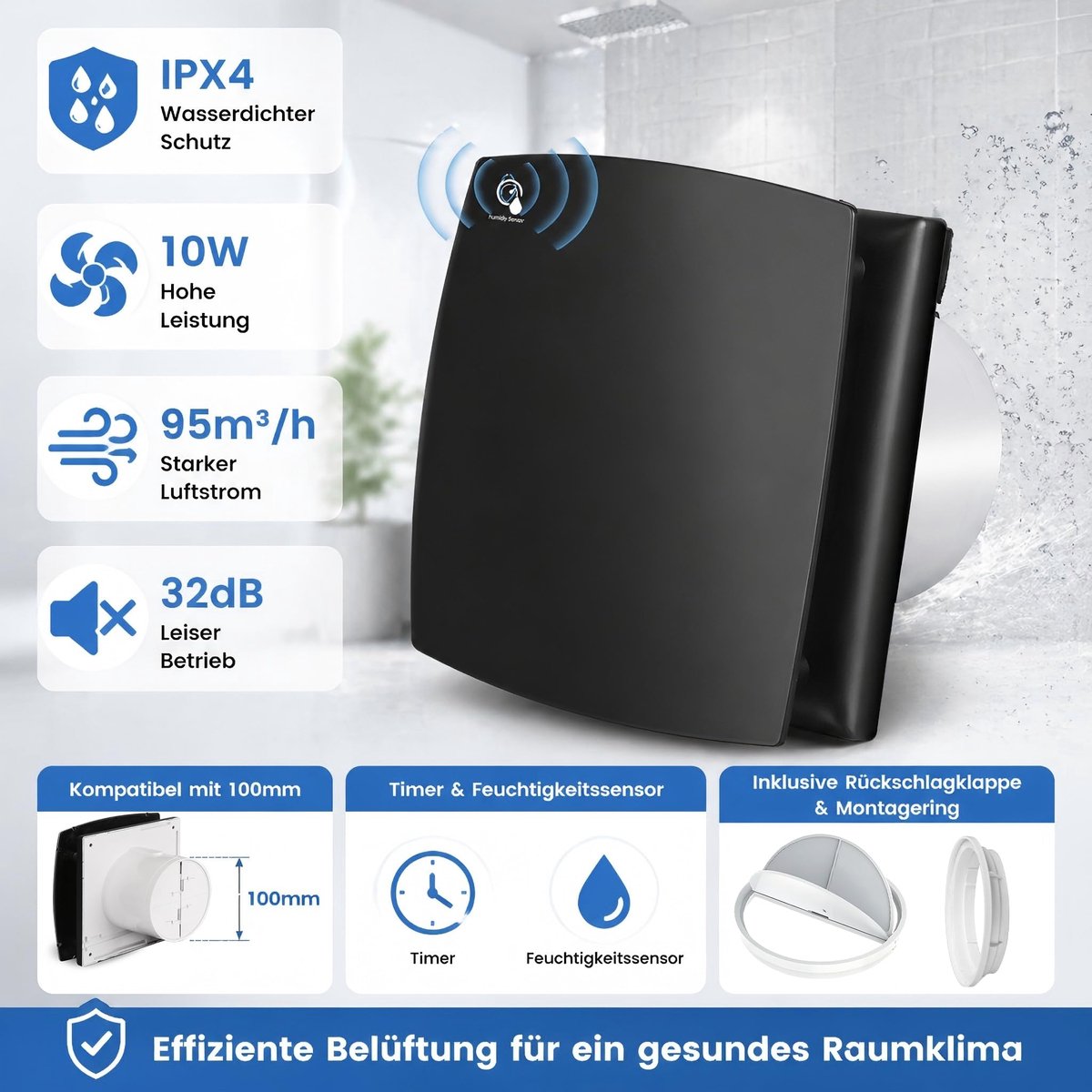 SnelShoppen - Stille Badkamer Ventilator Zwart 100mm Afzuigventilator 10W 95m³/h Raamventilator met Terugslagklep EU Stekker voor Keuken, Toilet, Badk