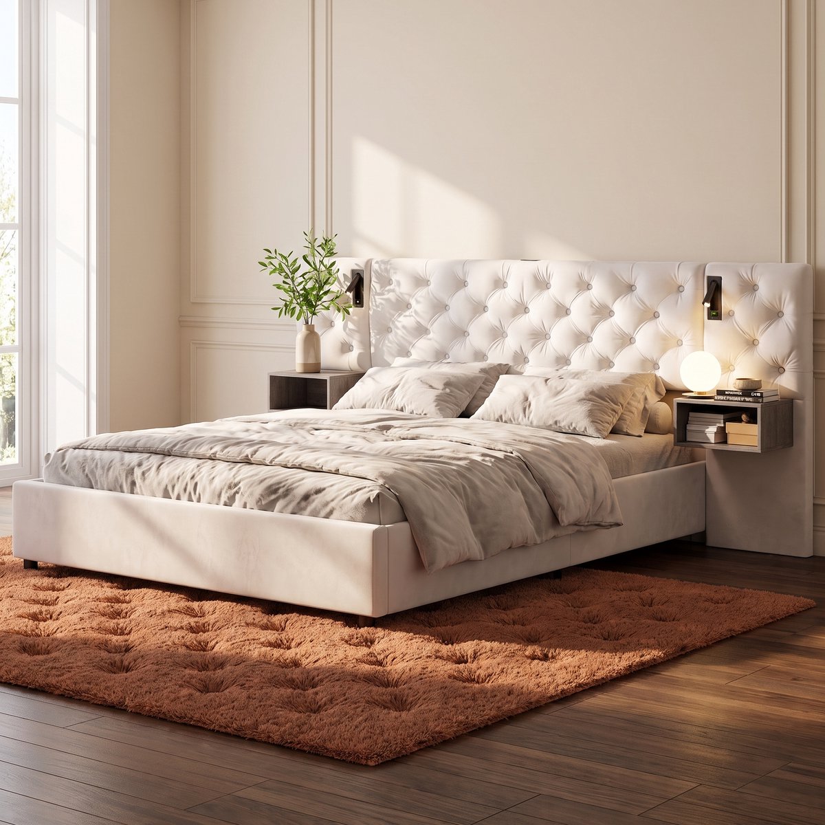 Gestoffeerd Bed 140x200 cm met Opbergruimte, LED Leeslampjes en USB-poort – Tweepersoonsbed met Lattenbodem en Hoofdbord - Opbergbed - Fluweel Beige - Zonder Matras