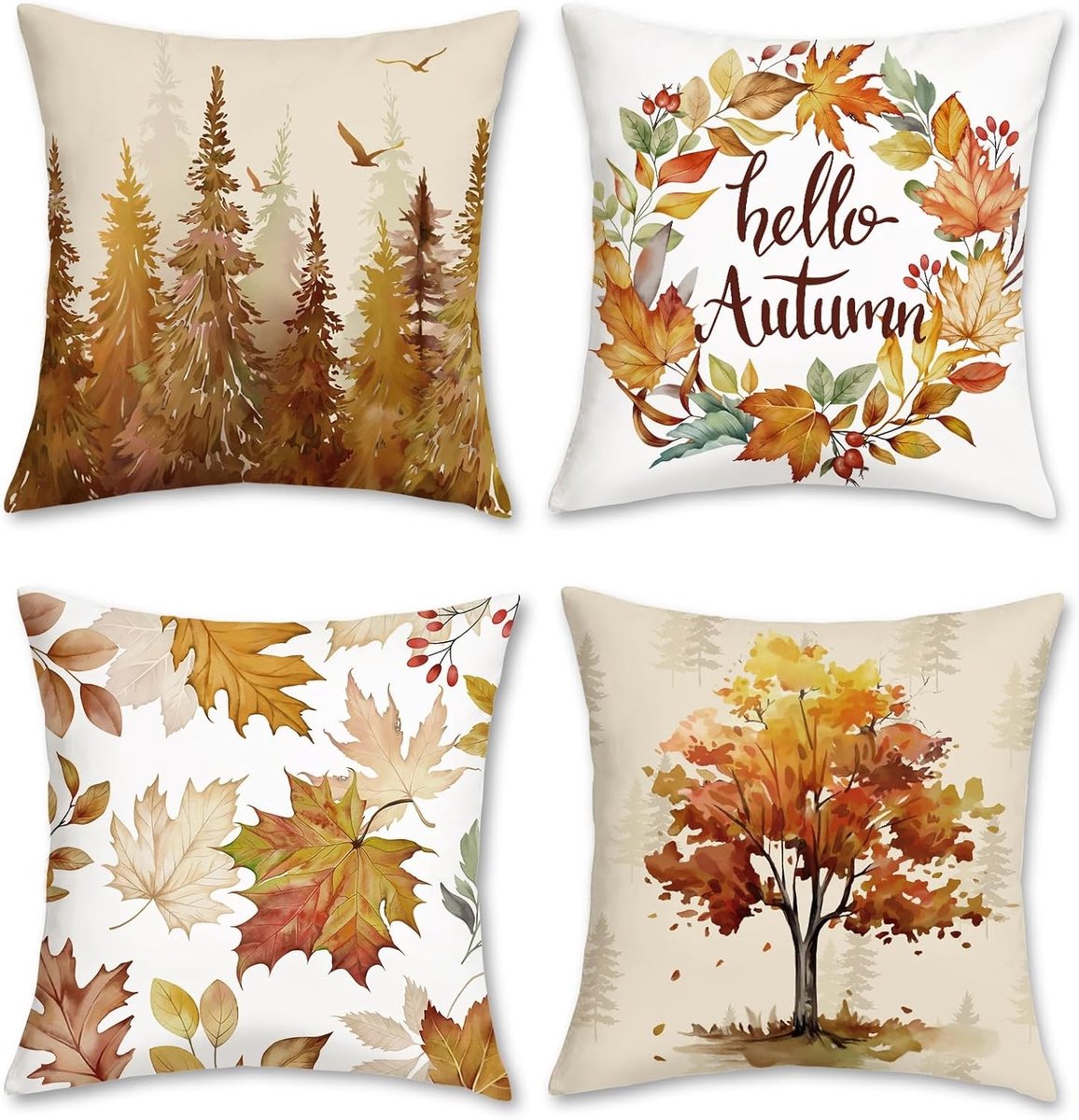 Herfst Kussenhoezen met Oranje Boombladeren en Wreath - Zachte Velours Decoratieve Kussens voor Bank en Bed, Set van 4, 45x45cm
