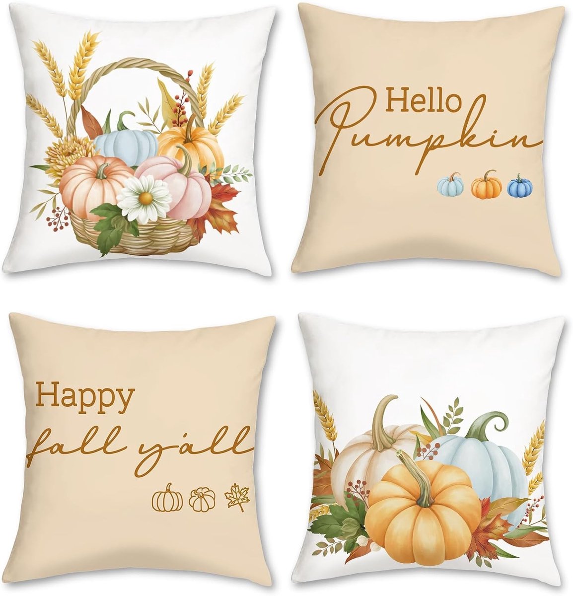 Herfstkussens met Pompoen en Bladeren 45 x 45 cm - Decoratieve Velours Kussens voor Woonkamer, Sofa en Feestdagen - Set van 4 Kussens voor een Warme Sfeer