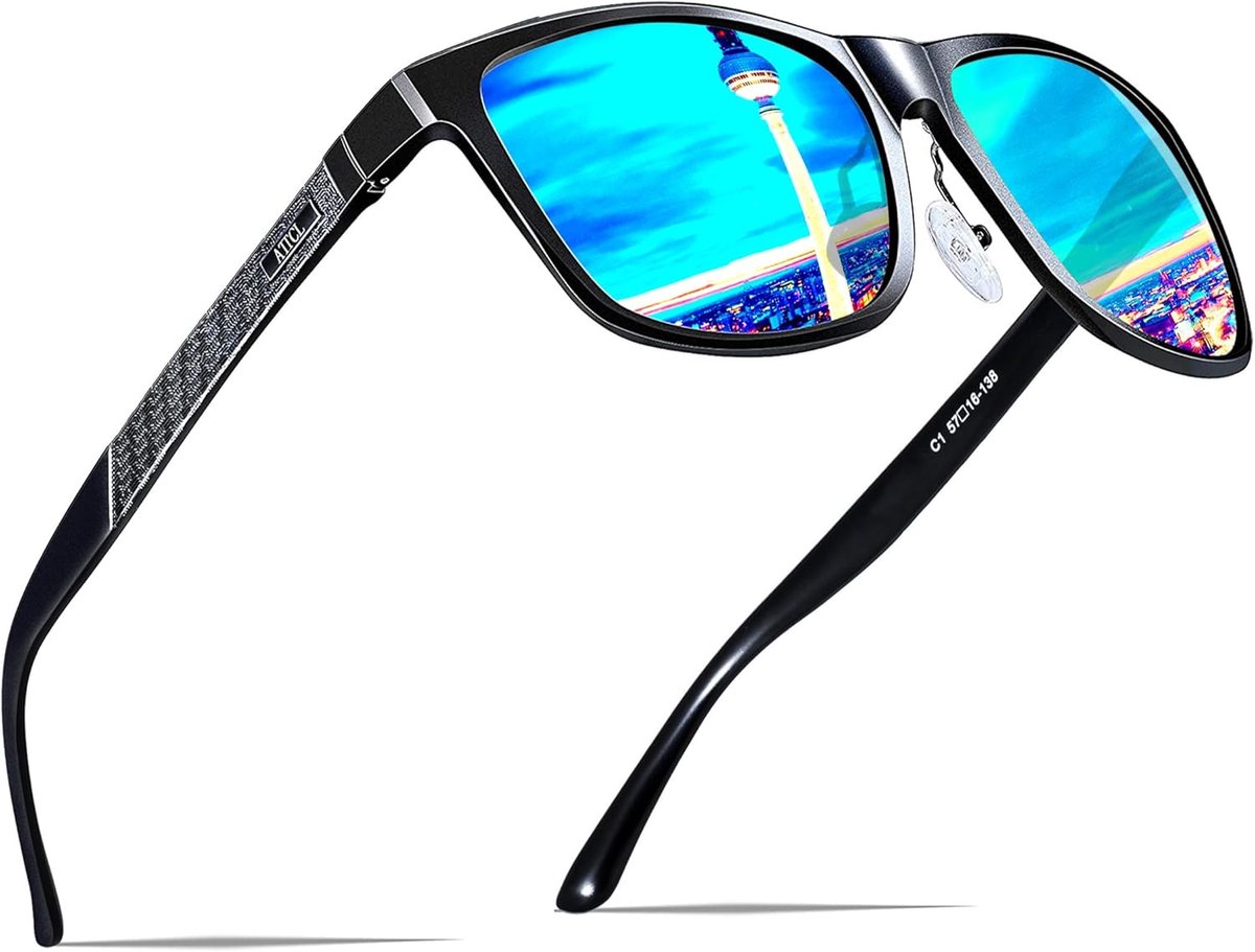 SnelShoppen - Gepolariseerde Zonnebril Heren, Ultralicht Metalen Frame, UV400 CAT 3 CE, Al-Mg, Blauw/Gespiegeld, Medium voor Sport en Vrije Tijd