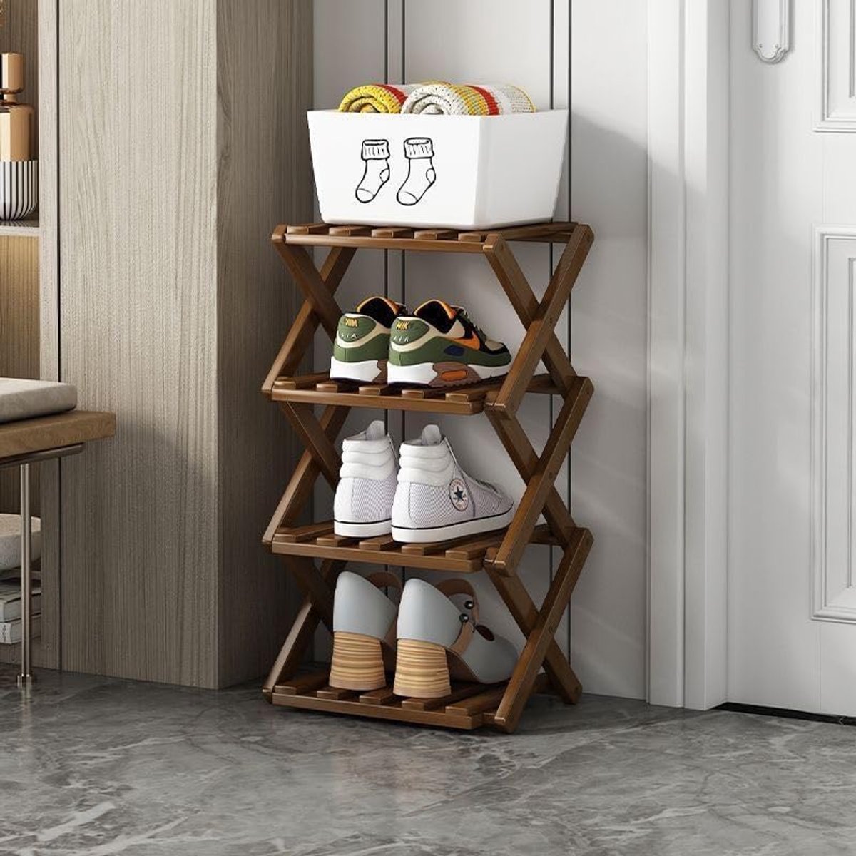 SnelShoppen - Opvouwbaar Schoenenrek van Bamboe, Verticale Schoenenhouder voor Kleine Ruimtes, Multifunctioneel Smal Schoenenrek voor Entree, Kledingk