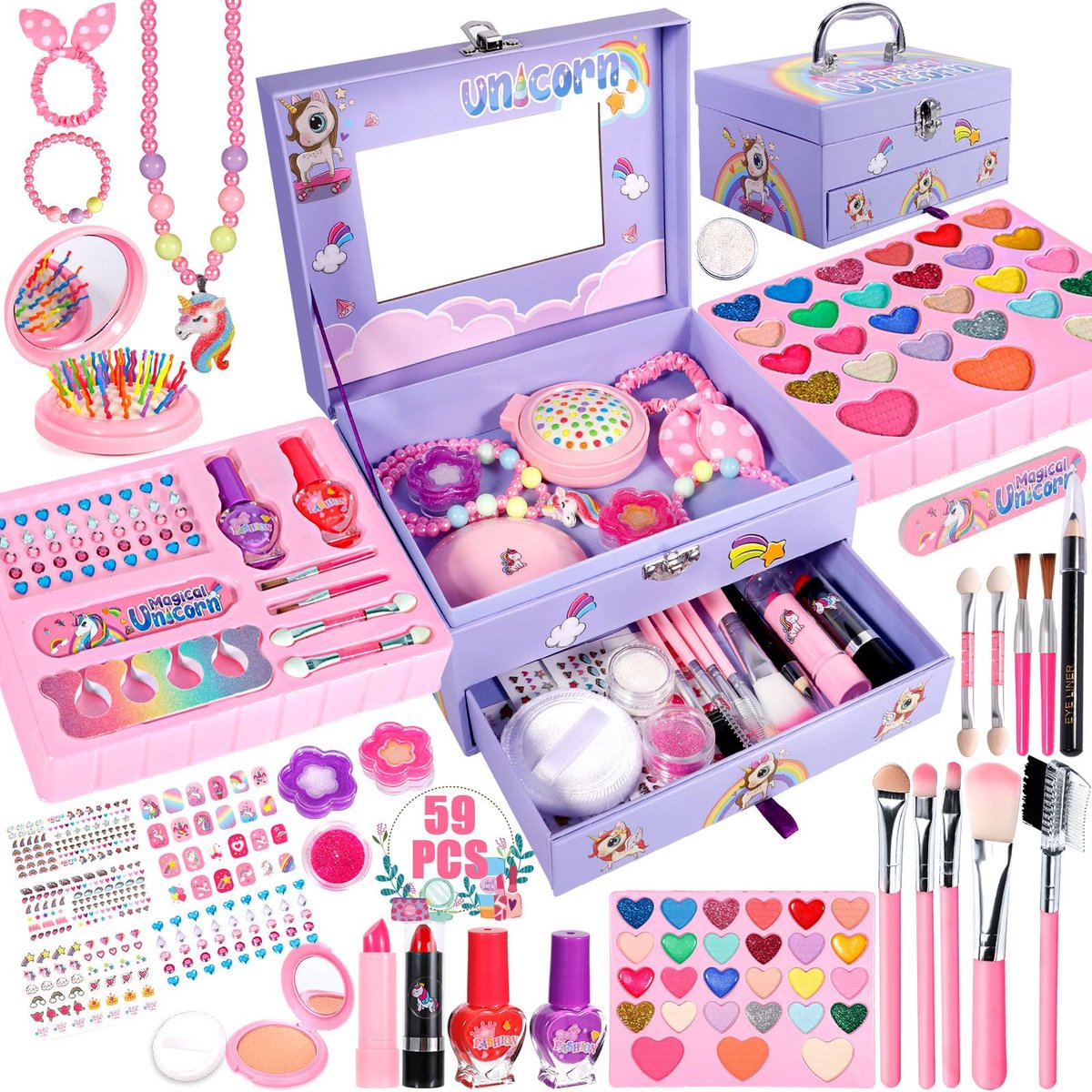 SnelShoppen - Purpledi Make-upset voor Meisjes, Hypoallergene, Wasbare Make-up, Niet Giftig, Koffer en Make-uptas, Perfect Cadeau voor Kerst en Verjaa