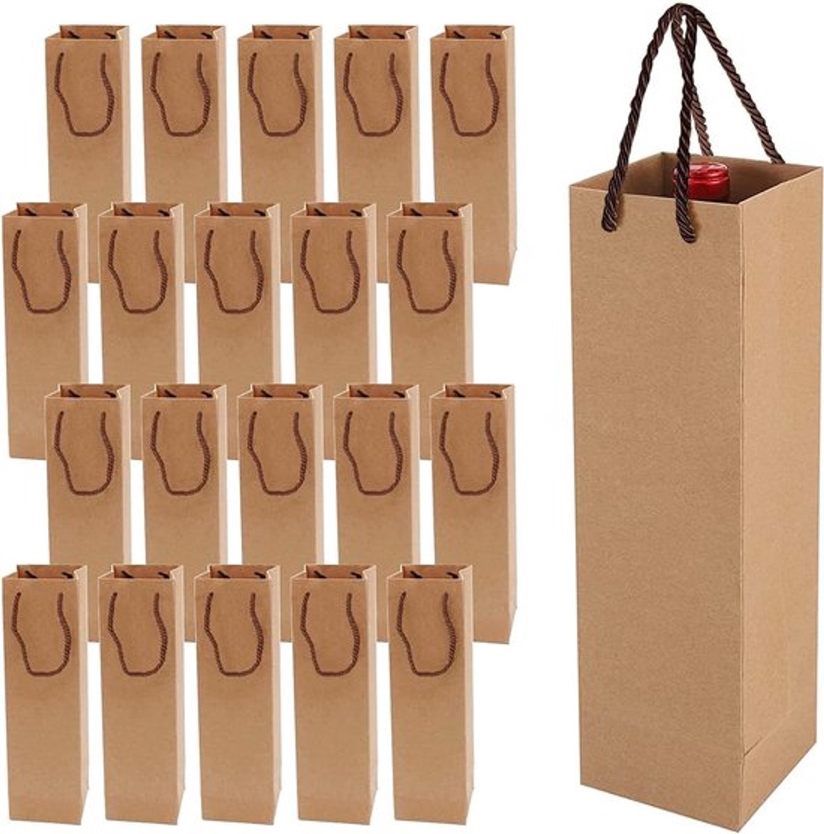 Premium Papieren Wijn Cadeautassen met Handvatten - 20 Stuks voor Kerst, Bruiloft en Feestjes (Bruin)