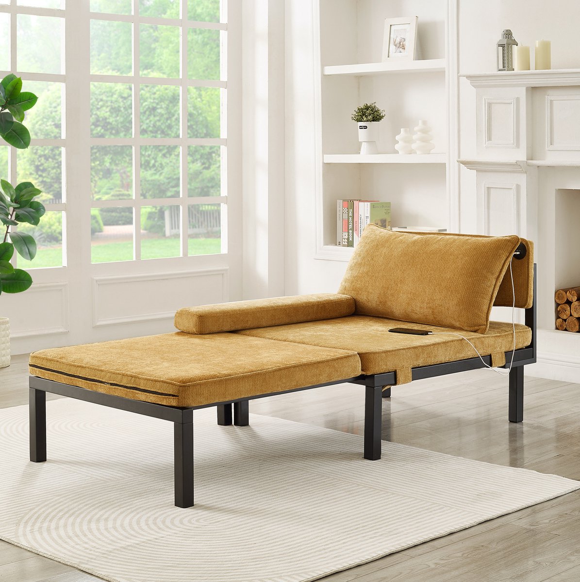 Fauteuil 82,5x79 cm – 2-in-1 Uitklapbare Slaapstoel Met USB En Type-C – Handmatig Uitschuifbaar – Zonder Matras – Fluweel – Geel