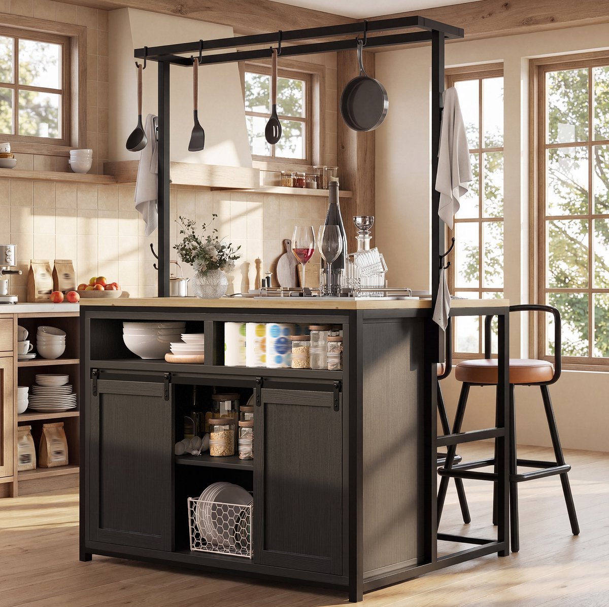 COVREO Keukenmeubelset 107x62x183 cm zwart, MDF en metaal met stopcontact