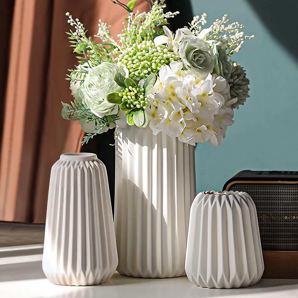 SnelShoppen - Set van 3 Witte Keramische Decoratieve Vazen voor Moderne Woondecoratie, Matte Vazen voor Pampasgras, Boho en Scandinavische Stijl, Esth