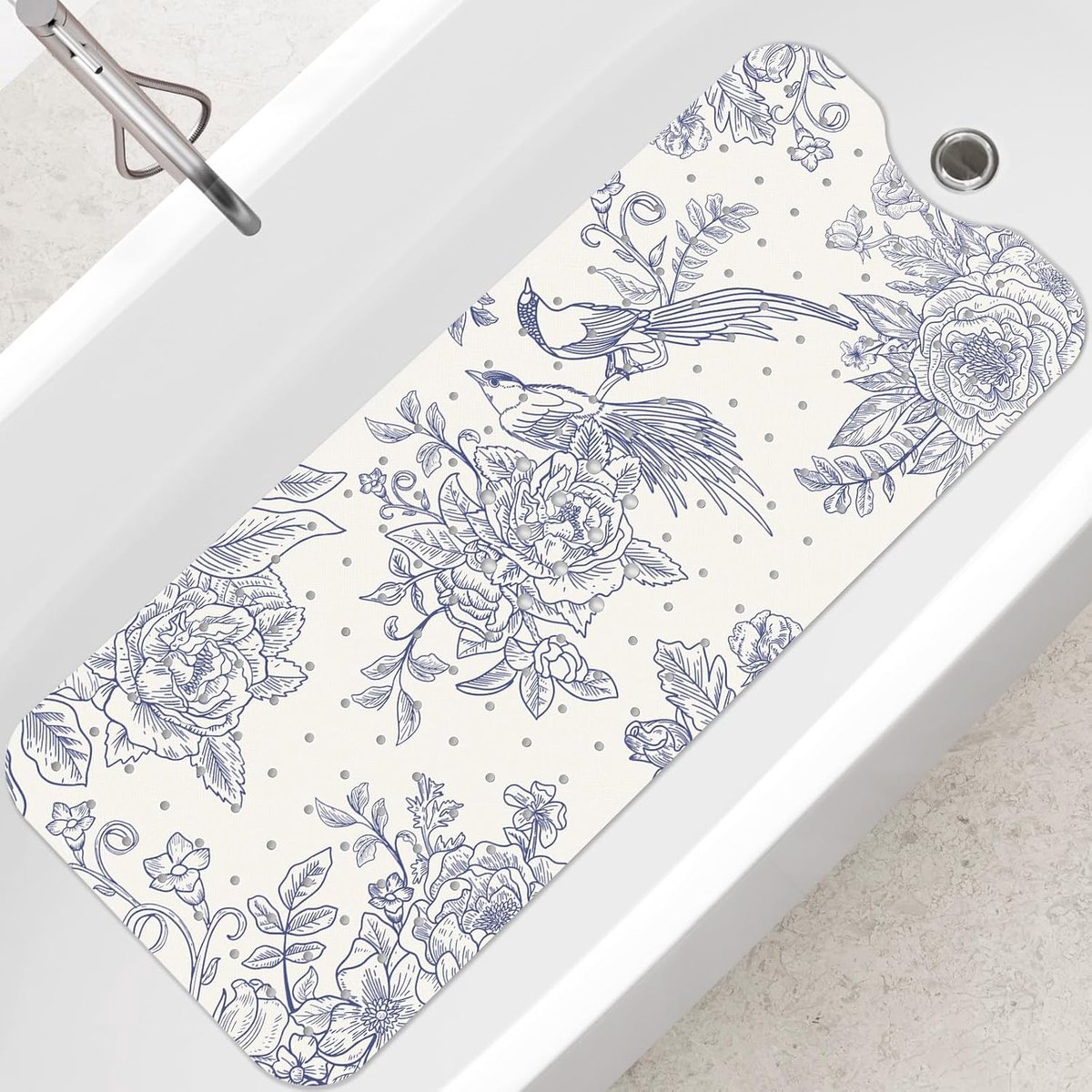 SnelShoppen - Badmat Antislip Bloemen en Vogels 100 x 40 cm - Schimmelbestendig, Machinewasbaar, Voor Badkamer, Douche, Toilet, Keuken