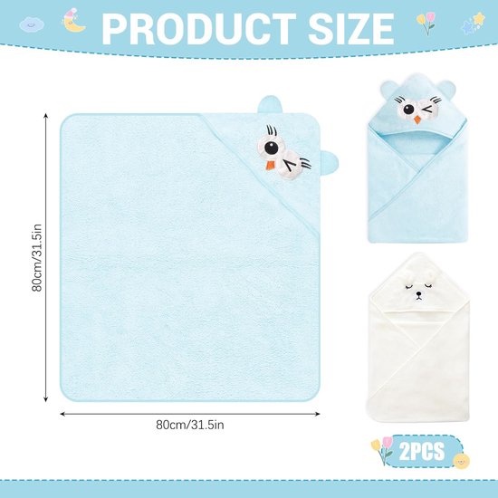 SnelShoppen - 2 Stuks Zachte Babyhanddoek met Capuchon, Super Absorberende Badhanddoek voor Baby's en Peuters, Witte Beer en Blauwe Uil (80 x 80 cm) — afbeelding 2