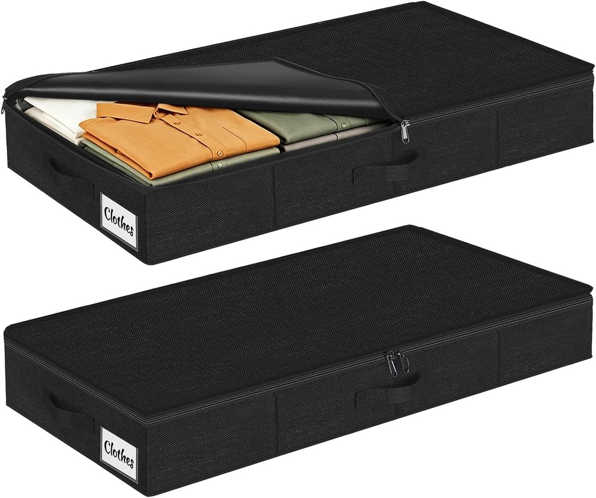 SnelShoppen - Opbergdoos voor onderbed, 12 cm, met deksel, 2 stuks, opvouwbare onderbedcommode, ruimtebesparend, zwart, voor kledingopslag en organisa
