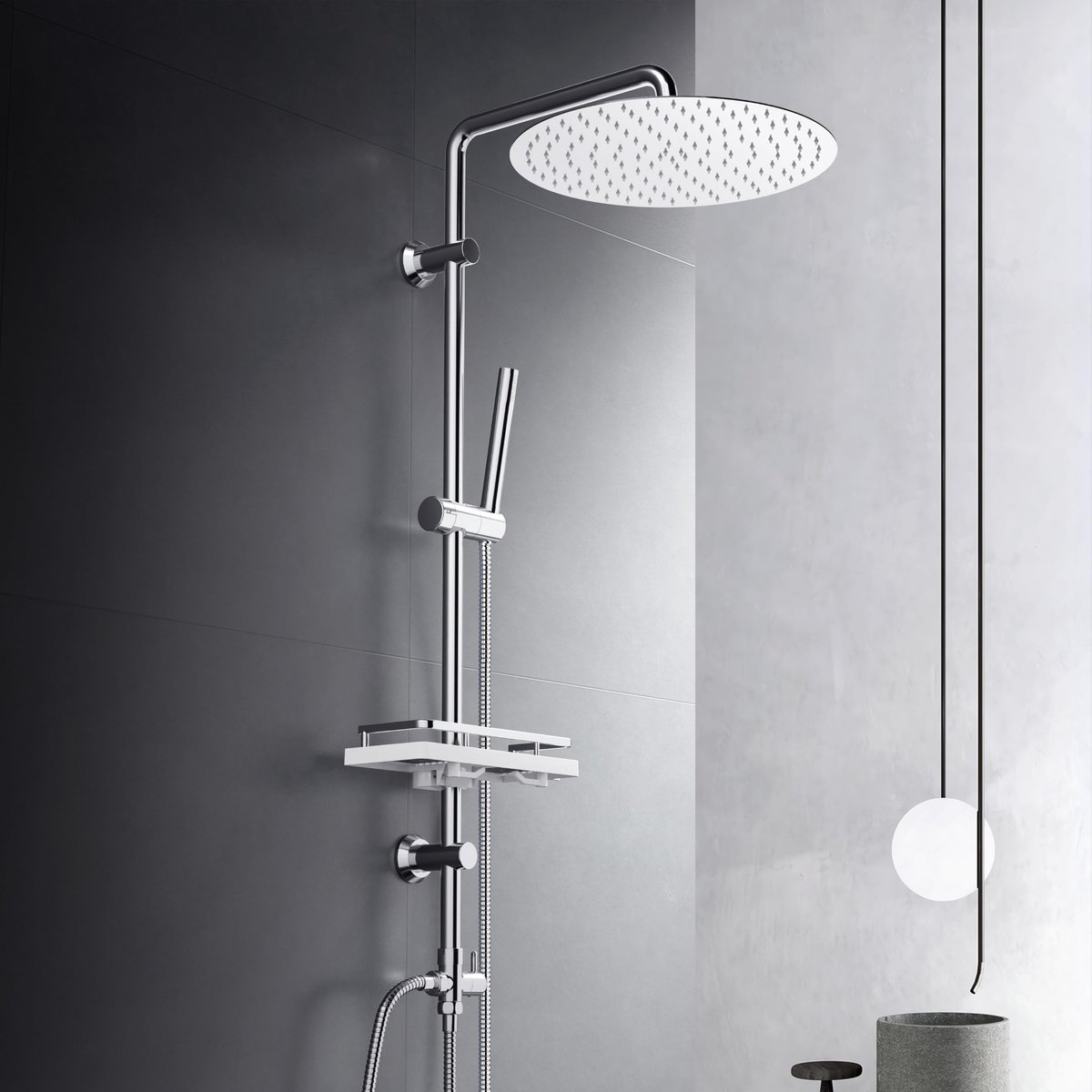 SnelShoppen - Regendouche Douchesysteem met Legplank, Roestvrij Staal Doucheset zonder Douchekraan, Hoofddouche 30 cm Chroom voor Luxe Badkamer