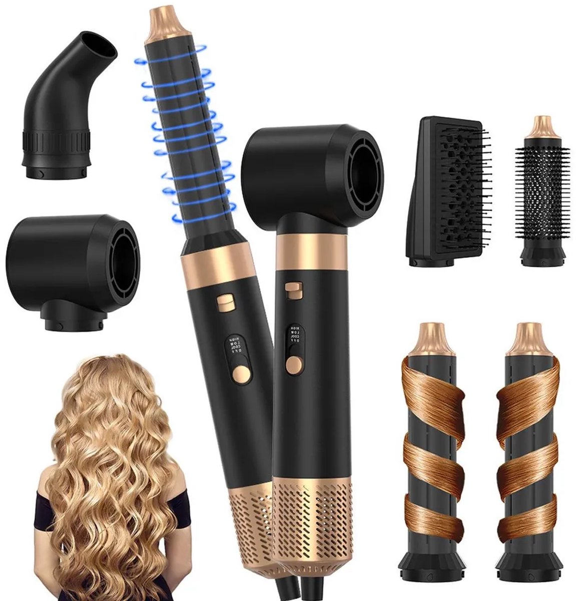 Deze 6-in-1 haarstyler combineert een föhnborstel, een professionele föhnborstel, een krultang en een stijltang in één apparaat. Hij heeft een vermogen van 1000 watt en drie temperatuurinstellingen.