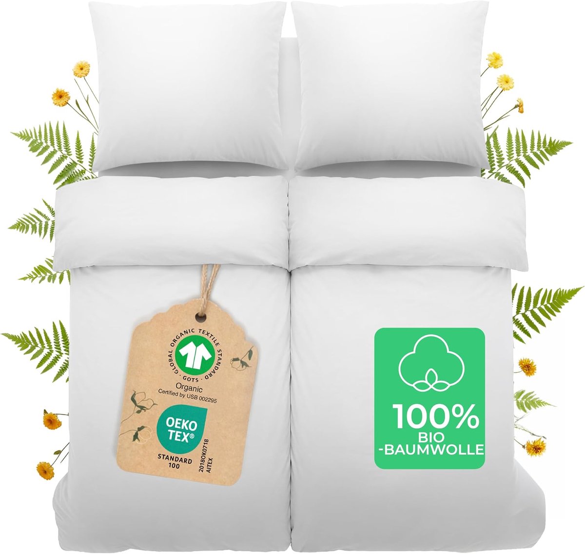 SnelShoppen - Dreamzie Beddengoedset 135 x 200 cm - 4-delig - 100% Biologisch Katoen - Ademend en Zacht - Oeko-Tex & GOTS-gecertificeerd - Wit met 2 K