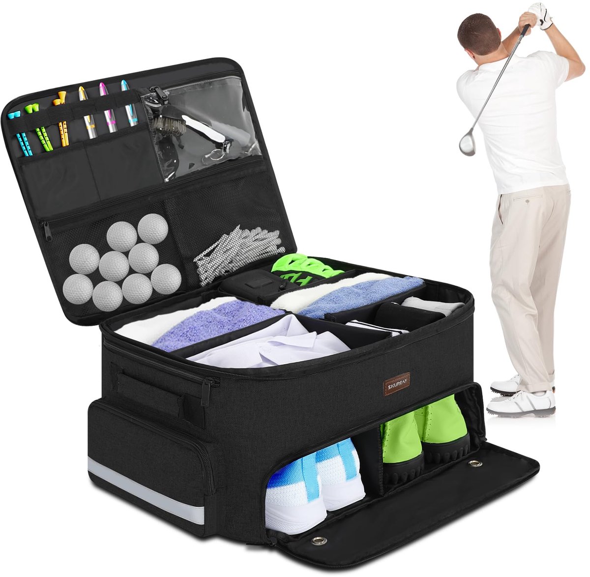 SnelShoppen - Golfkofferbak-organizer voor de auto, 2-laags golfspind met geventileerd schoenenvak, grijze golfauto-organizer voor golfaccessoires, pr