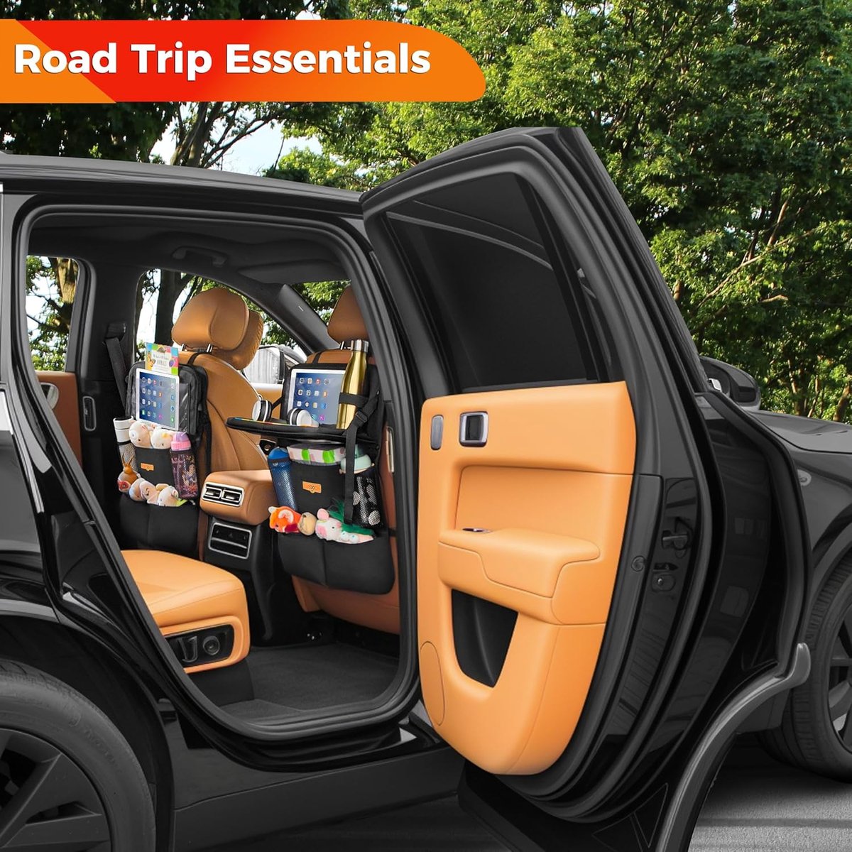 Auto-organizer voor kinderen met opklapbaar tafeltje – Achterbank-organizer met touchscreen-tabletvak, waterdichte rugleuningbescherming, past in de meeste voertuigen – foto 4