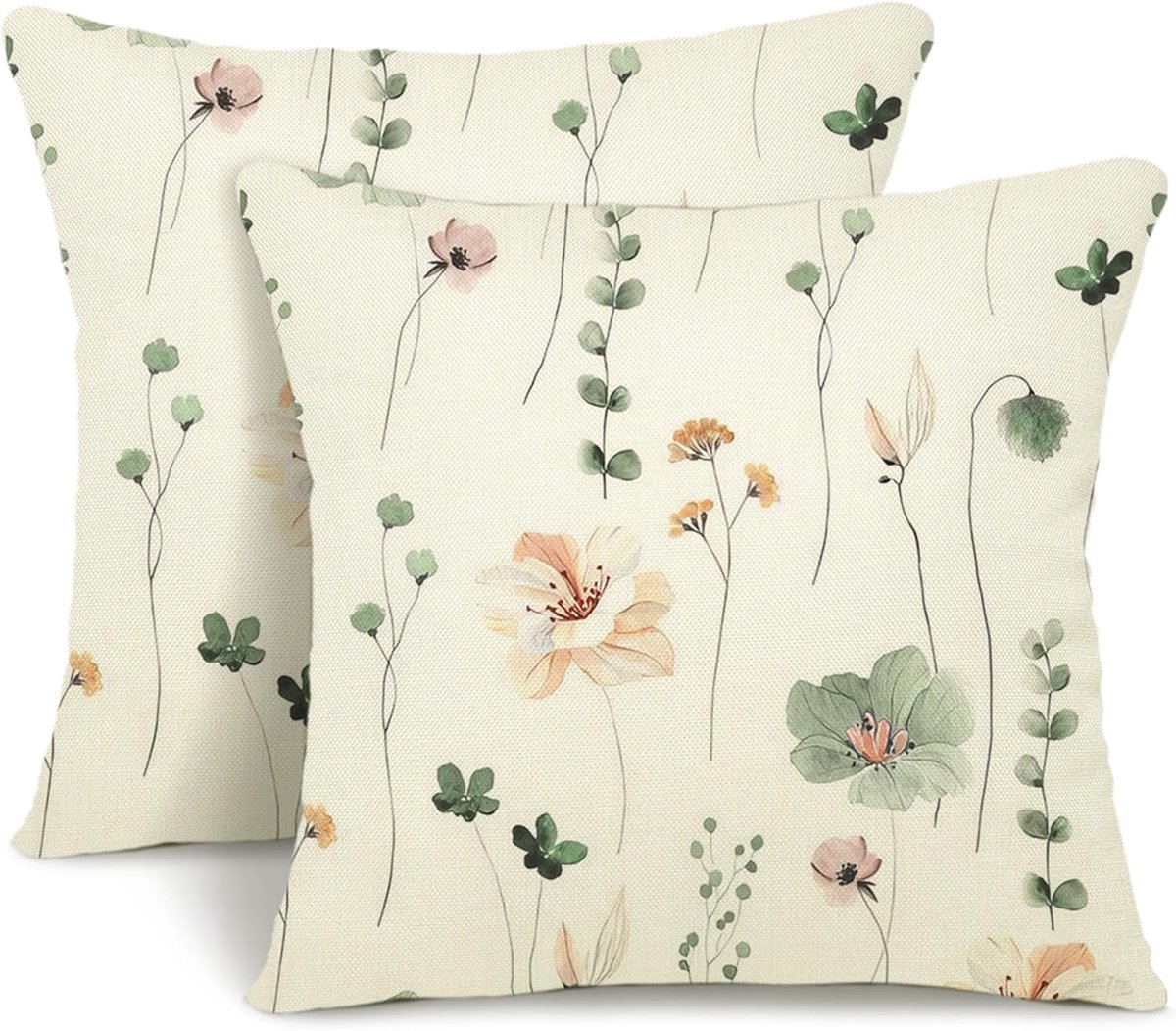 SnelShoppen - Set van 2 Kussenslopen 40 x 40 cm, Linnen Sierkussens met Bloemen Aquarelschilderij voor Bank, Slaapkamer, Woonkamer en Buiten gebruik