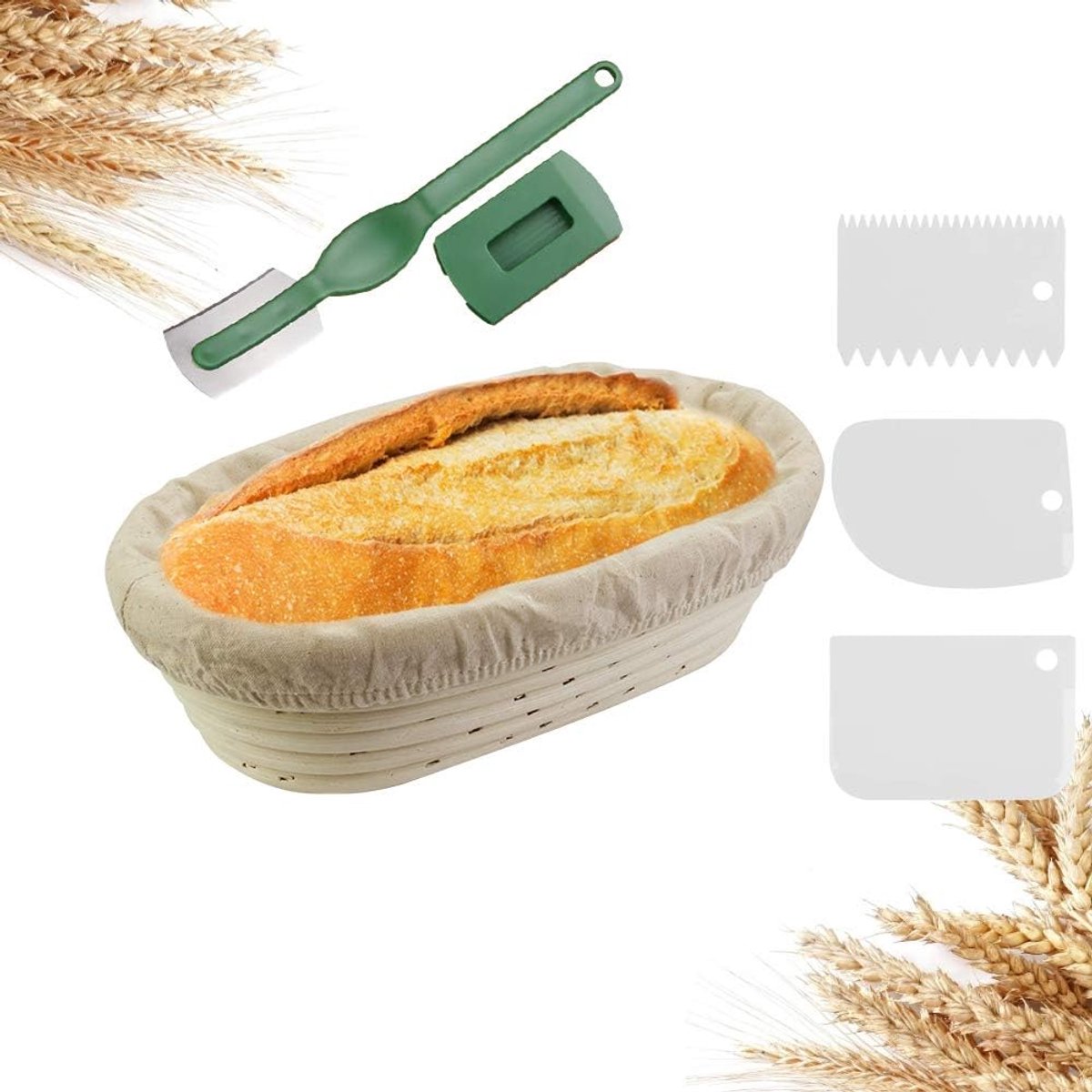 SnelShoppen - Set rijsmandjes, ovaal 25 cm, handgemaakte rotan fermentatiemand, broodvorm met linnen inzetstuk, gebogen broodmes en deegschraperset