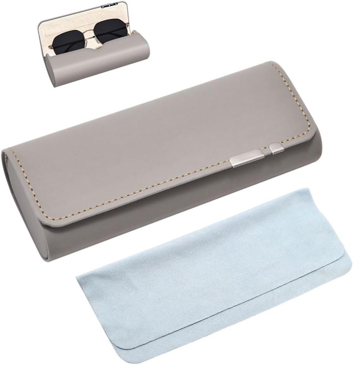Brillenetui Hardcase, Premium lederen brillendoos in elegant grijs, brillenetui zonnebril met magneetsluiting, voor - ShopVlot
