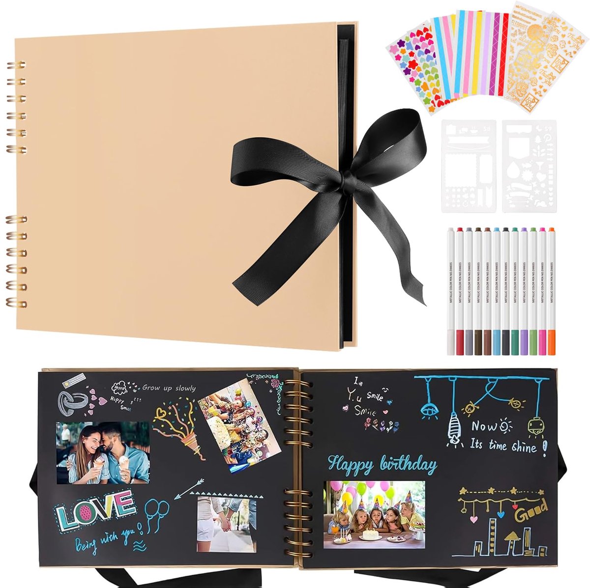 SnelShoppen - Aanpasbaar Scrapbook Fotoalbum met 80 Zwarte Pagina's, Harde Kaft, Roestvrije Binding en 12 Metallic Marker Pennen - Perfect Cadeau voor
