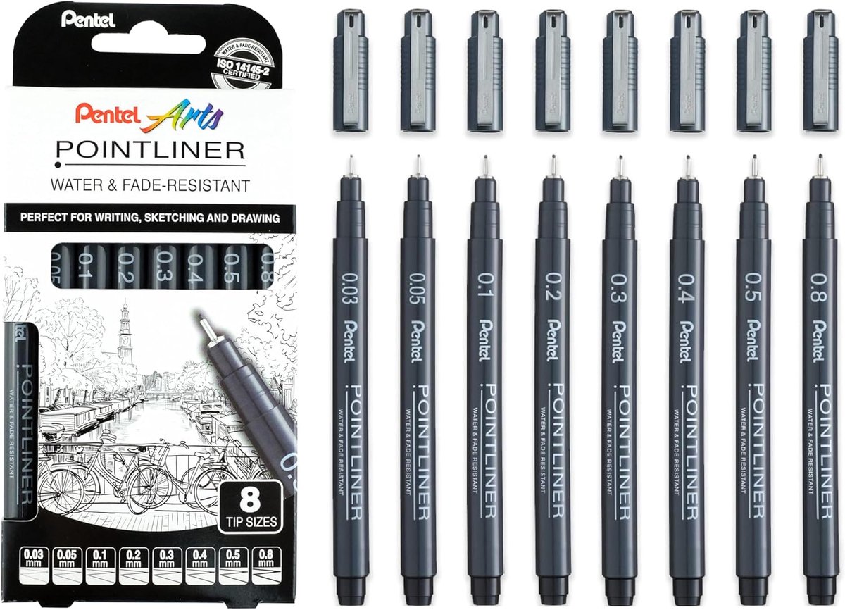 Thijox - Pentel Pointliner Pigment Liner Fineliner Pen Set van 8 - 0.03mm tot 0.8mm - Zwarte Inkt - Technische Tekening, Schrijven, Schetsen, Waterdic