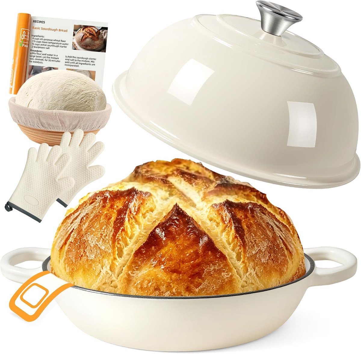 SnelShoppen - Gietijzeren pan voor brood bakken, 5,7 l, broodbakpan met rijsmand en siliconenmat, geëmailleerde Dutch Oven 26 cm voor zuurdeegbrood, i