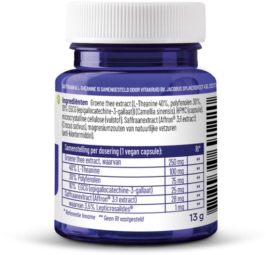 Achterkant van een blauw potje Vitakruid Saffraan & L-Theanine, met ingrediënten en samenstelling.