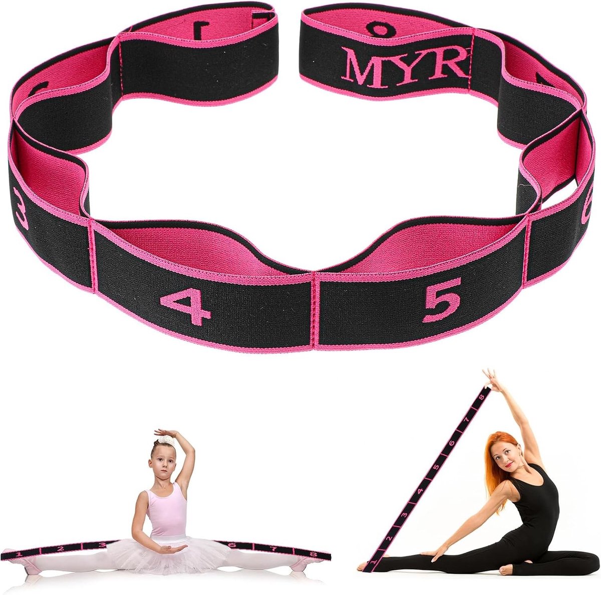 Yoga Stretch Band met 8 Loops voor Effectieve Oefeningen, Fitness, Pilates en Dans (Zwart-Roze)