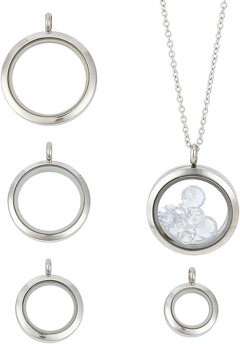 Foto Locket Ketting met 4 Stuks - RVS Crystal Dubbelzijdig Fotolijstje, Herinneringen Sieraad voor Bruiloft en Persoonlijke Cadeaus
