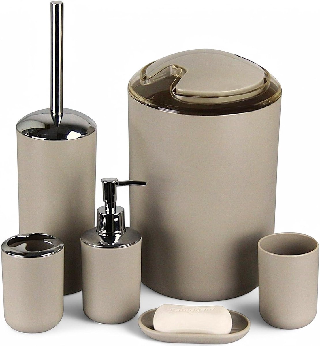 Badset, 6-delig, diverse badkameraccessoires, met zeepdispenser, houder en wc-borstel (beige ontwerp 3)