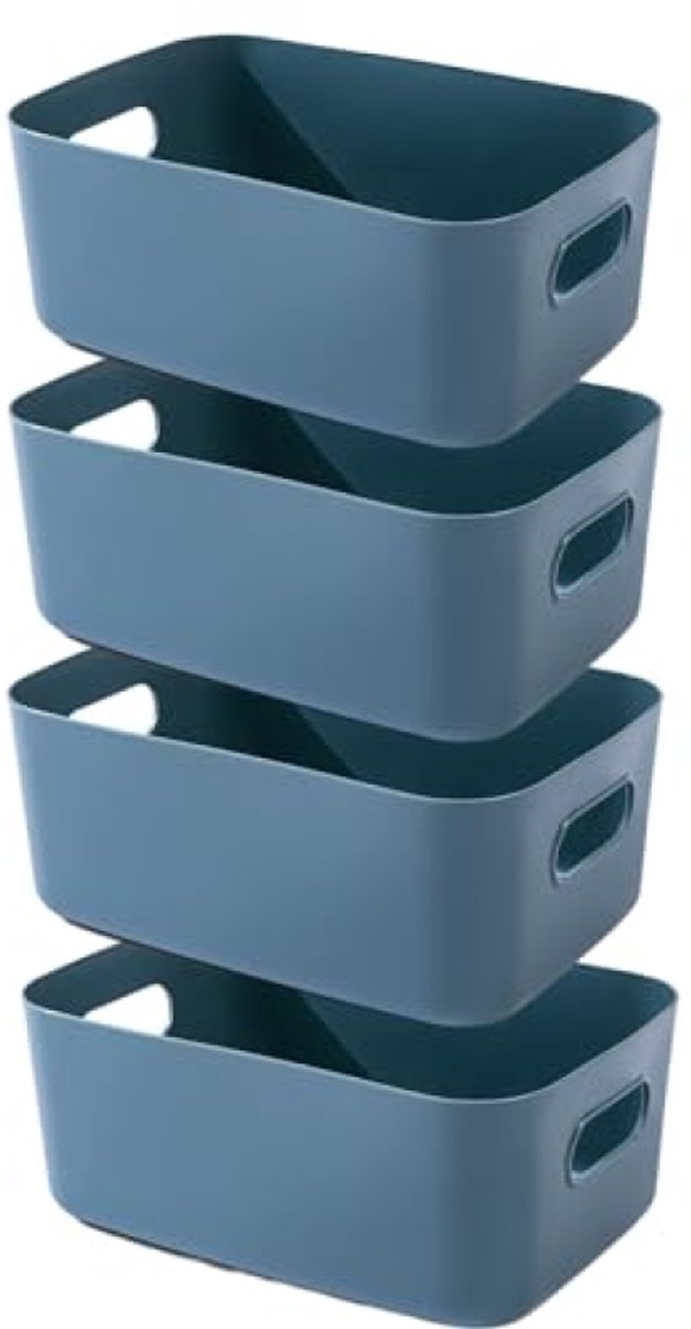 Huis Geluk Opbergdoos Kunststof met Handgrepen - 4 Stuks - 25x18x10 cm - Marineblauw