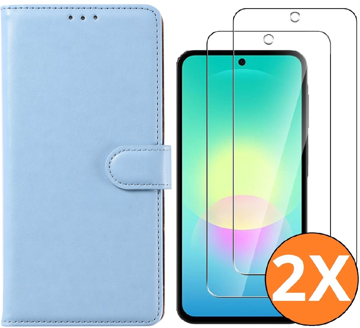 Hoesje geschikt voor Samsung Galaxy A27 5G Hoesje Blauw met Pasjeshouder + 2x Screenprotector Tempered Glass – Schokbestendige Wallet Telefoonhoes
