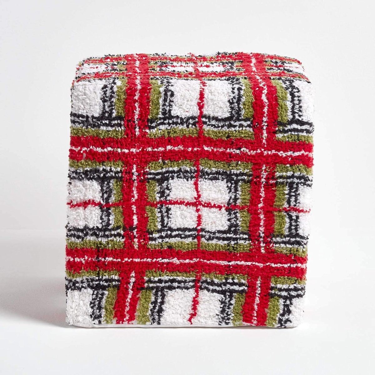 Katoenen Kubus Poef - Voetenbankje Zetel - Ontspannen Zitten - Stevige Schuimvulling - 36x36x38 cm - Rood Wit