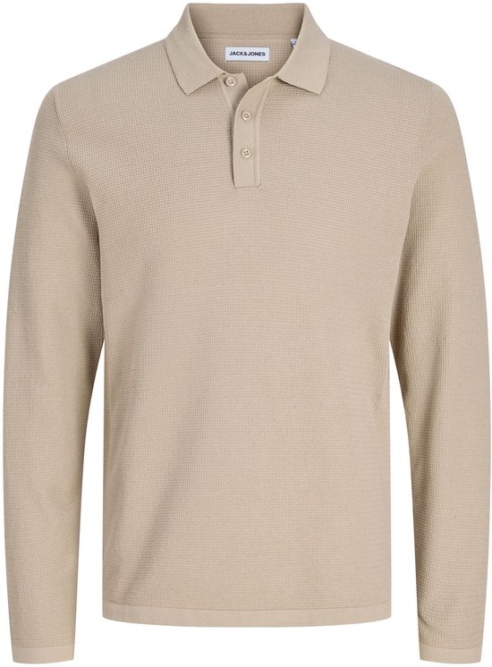 Beige gebreide poloshirt met lange mouwen en knoopsluiting, met JACK & JONES logo.