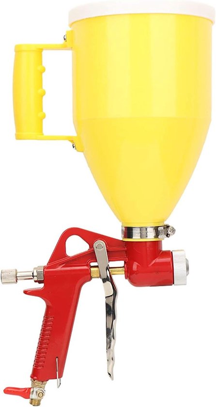 Verfspuit met rode pistoolgreep, een gele 3 liter reservoir-trechter en een metalen trekker.