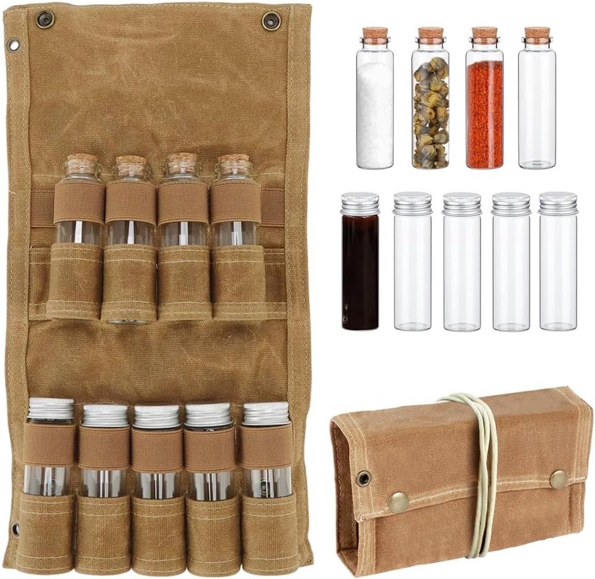 Draagbare kruidenopslag met 9 kruidenpotjes, opvouwbare tas voor kamperen en picknicken, ideaal voor grillen en buitenkoken