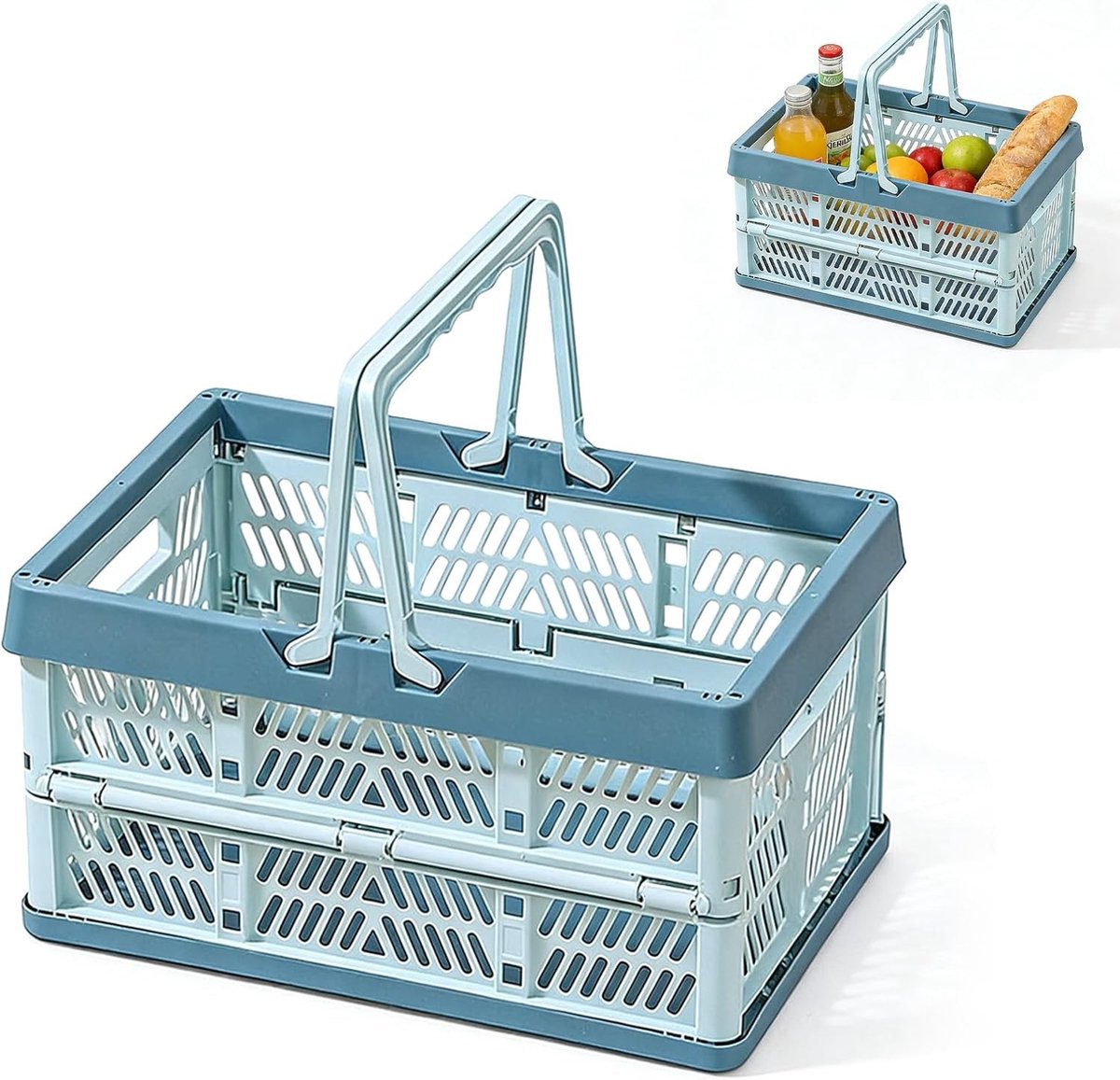Set van 2 Opvouwbare Dozen met Handvat, Ruimtebesparende en Stapelbare Opbergdozen voor Keuken, Badkamer, Kantoor en Slaapkamer (Blauw, Klein Formaat)