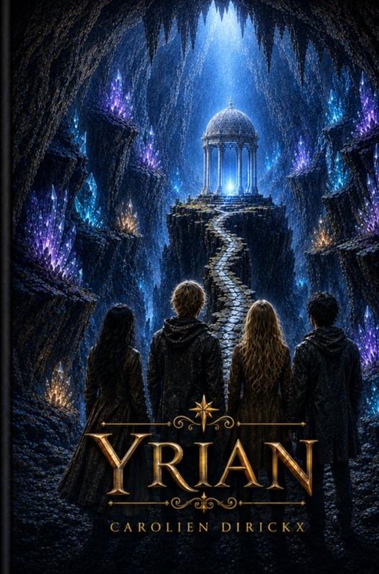 Boekcover met de titel 'Yrian' en de naam van de auteur 'Carolien Dirickx'. Vier mensen kijken naar een tempel, omringd door kristallen.