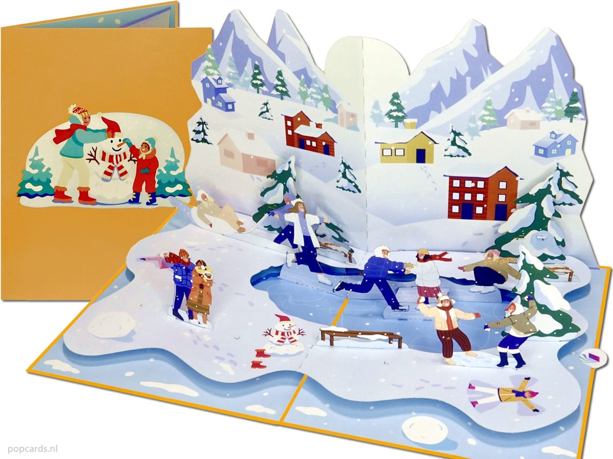 Popcards pop-up kaart - Winterpret & Schaatsplezier  Luxe 3D Kerstkaart Wenskaart