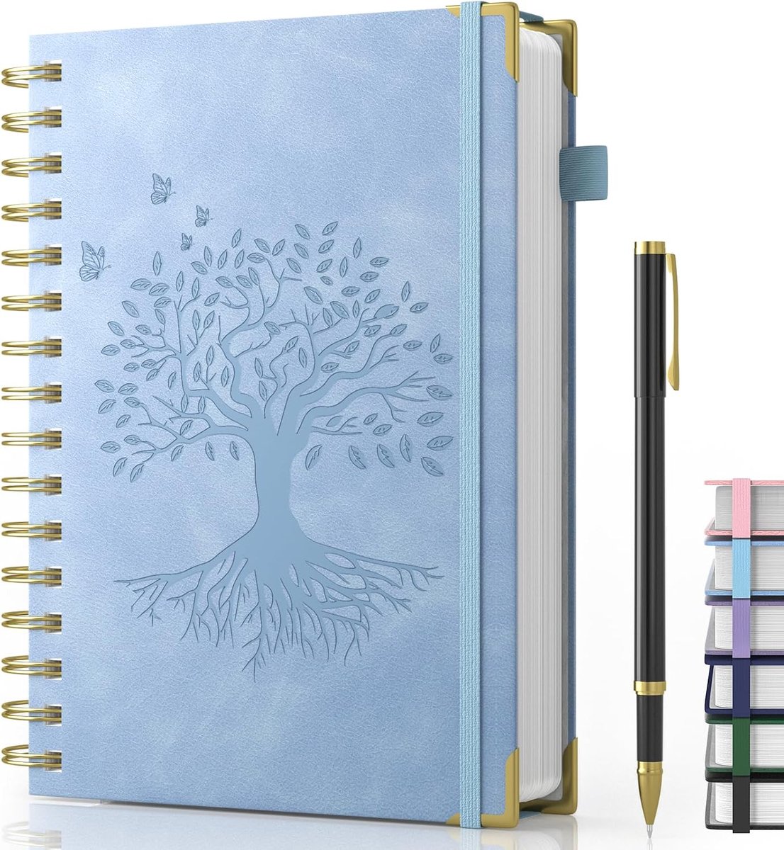 Notitieboek, A5, hardcover spiraalnotitieboek met pen, gelinieerd dagboek met 100 g/m², 240 pagina's, inktvast papier, leer, hardcover, notitieblok voor vrouwen, mannen, werk, kantoor, school, 14,5 x