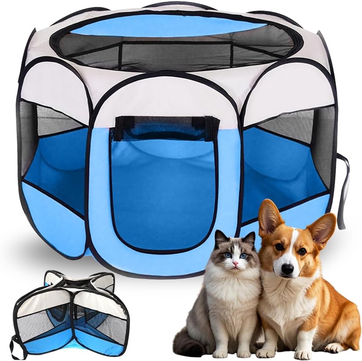 hondenren voor puppy's, 74 x 74 x 43 cm, puppyuitloop, kattenverblijf voor kleine dieren voor thuis, loopstal voor honden, katten, hazen, binnen en buiten, blauw