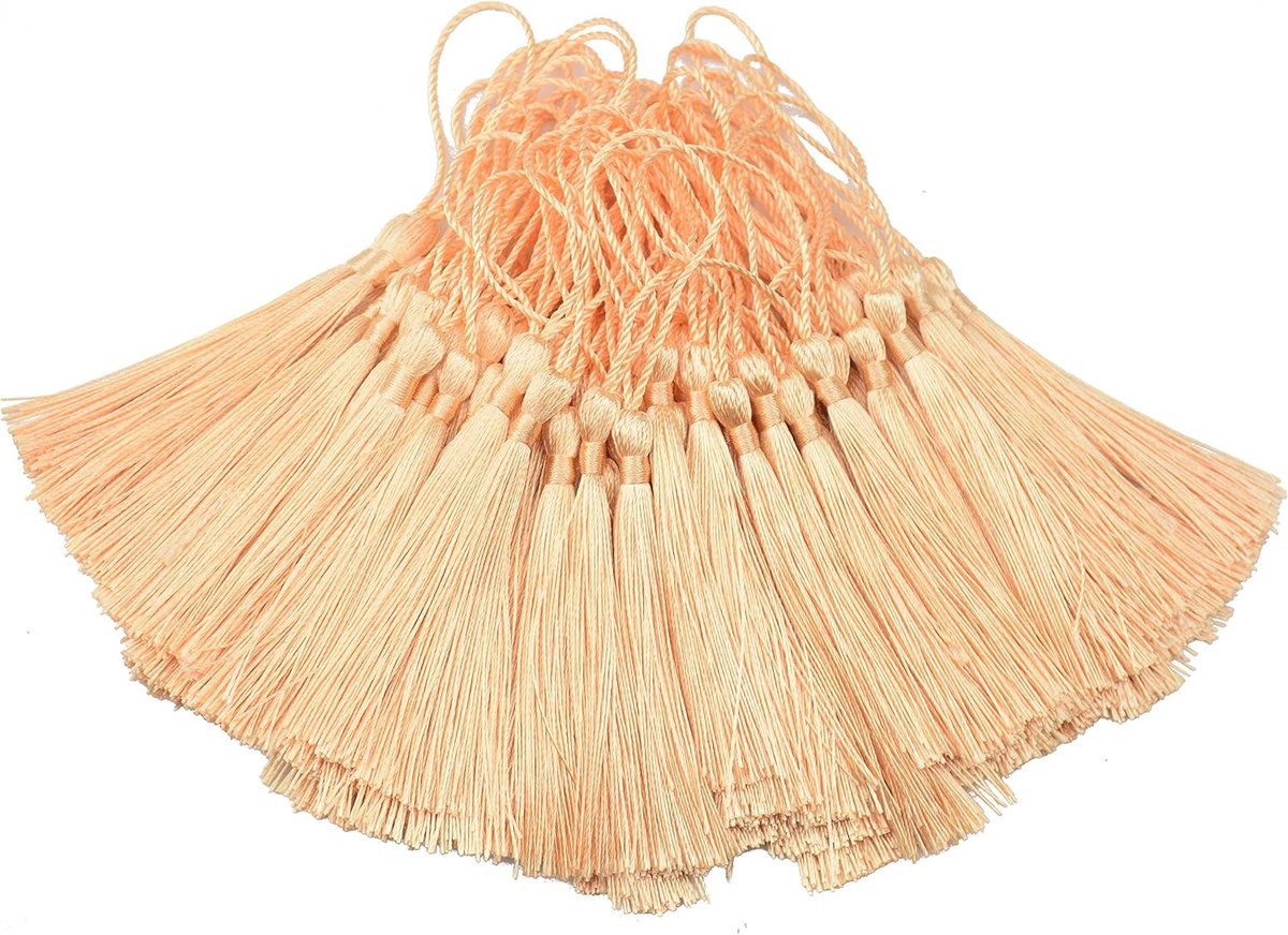 100 stks 13cm/5 Inch Zijdeachtige Floss Bladwijzer Kwastjes met 2-Inch Koord Loop en Kleine Chinese Knoop voor Sieraden Maken, Souvenir, Bladwijzers, DIY Craft Accessoire(Beige rood)