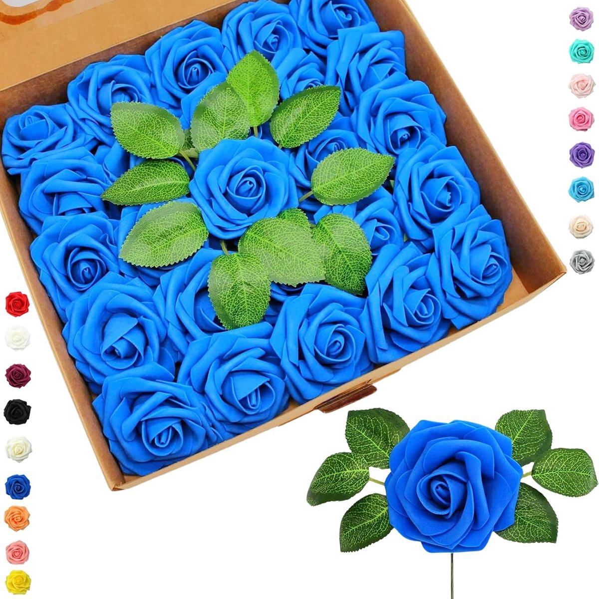 25 stuks kunstblauwe rozen, echte touch schuim kunstbloemen met stengel voor bruiloft decor, bruidsdouche, ambachten, thuis, babyshower, Valentijnsdag decoraties