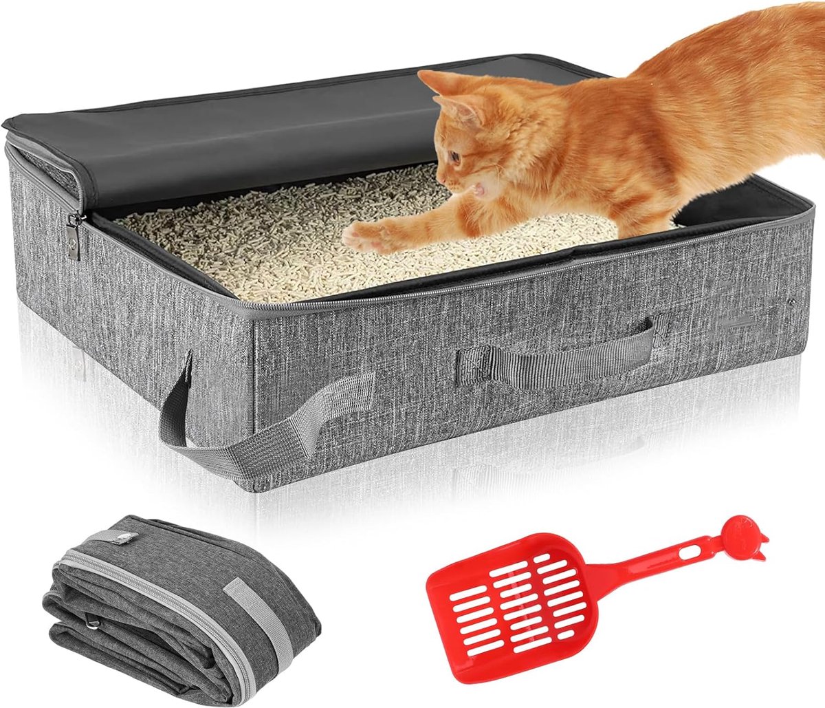 Draagbare kattenbak, inklapbare kattenbak met deksel, reiskattenbak met zeef, Oxford-weefsel, waterdicht en lekvrij, gemakkelijk te reinigen voor reizen in de open lucht