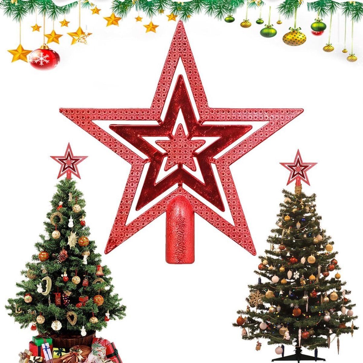 Kerstboompiek in de vorm van een ster, kerstboomtopper glitterster, ster voor de kerstboomtop, kerstboomversiering van kunststof, boomtop voor kerst, kerstdecoratie, kerstboomversiering, rood